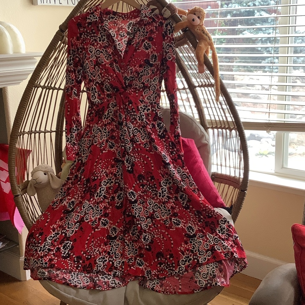 Free People Floral Long Sleeve Dress in Red and Black